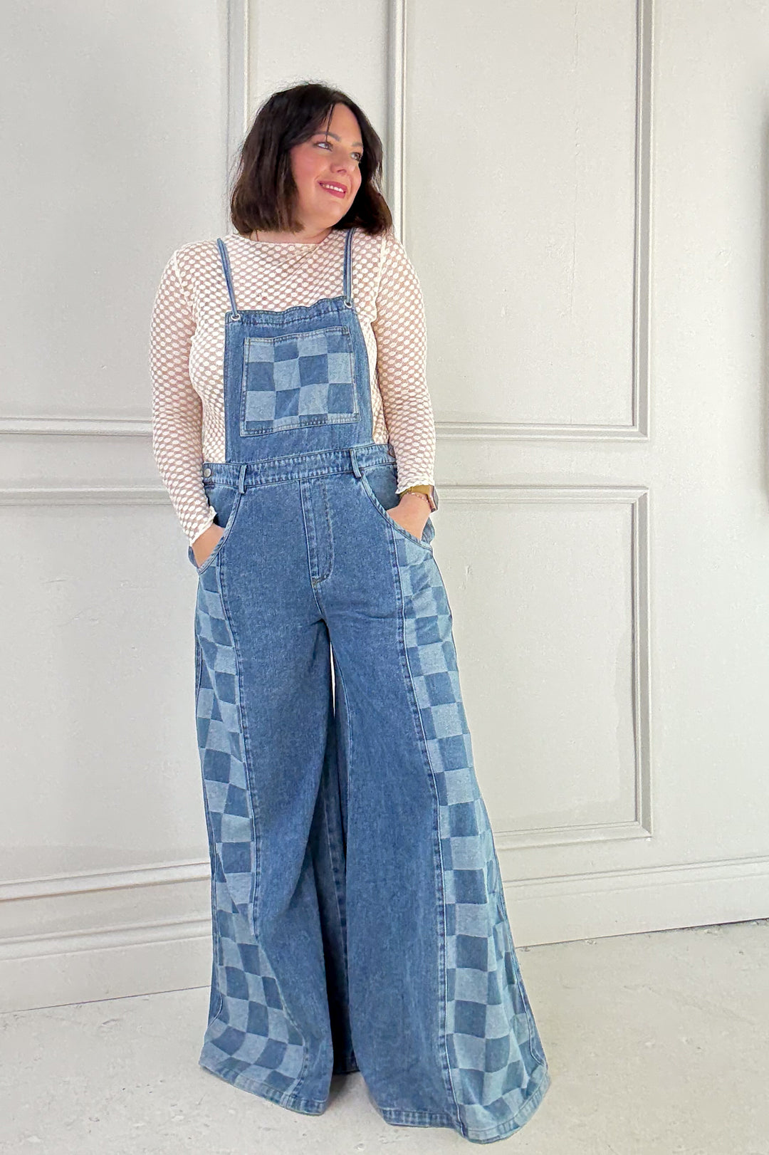 Checker Mix Denim Wide Leg Overall Jumpsuit