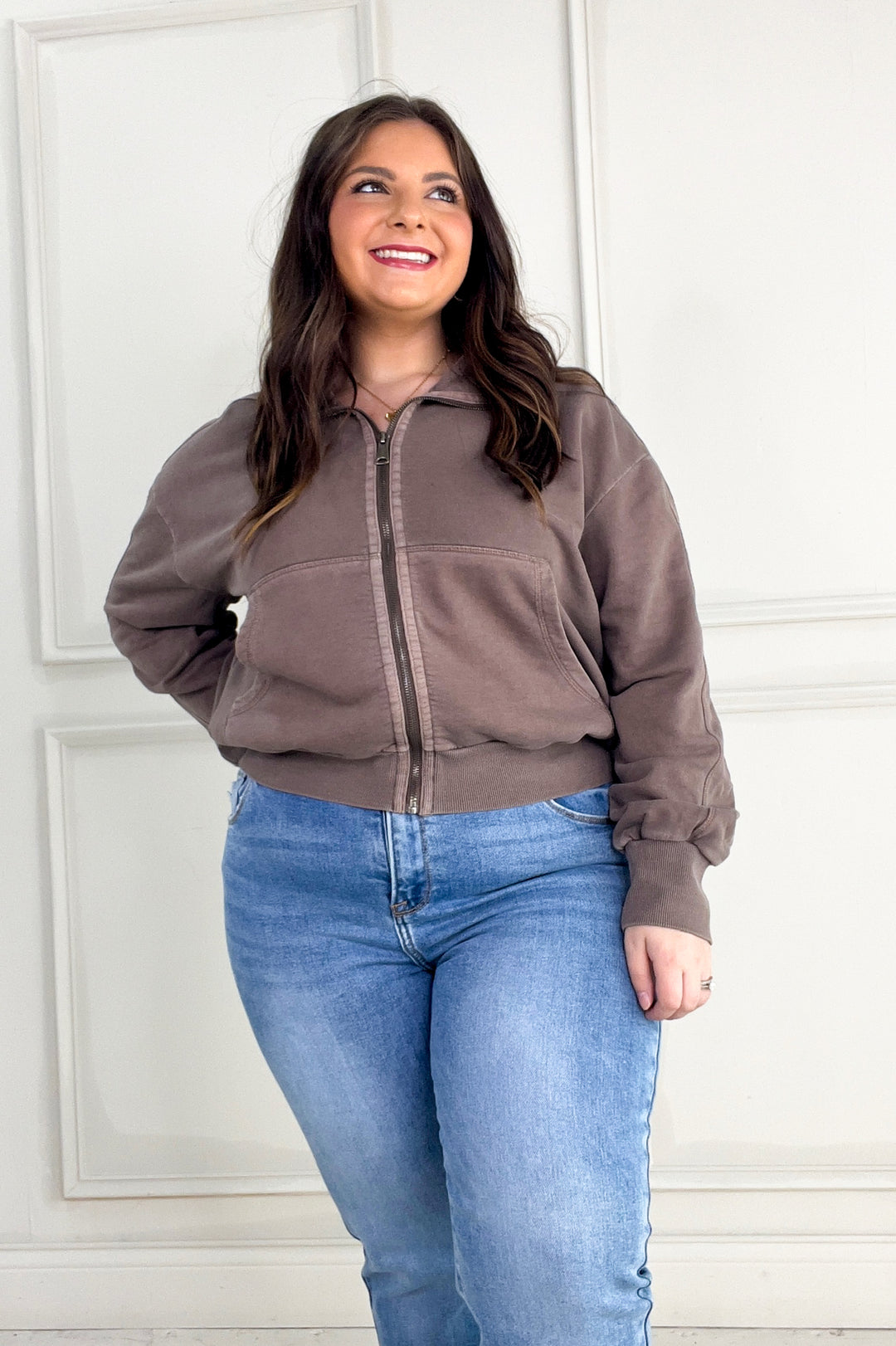 Acid Wash High Collar Zip Up Sweatshirt