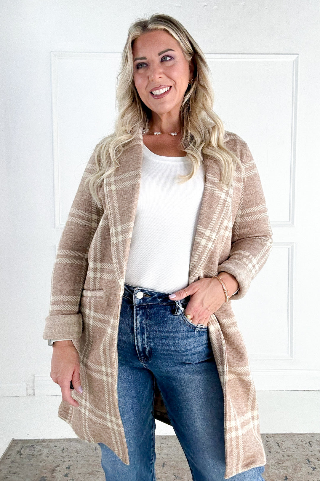 Kenzie Lapel Plaid Longline Coat