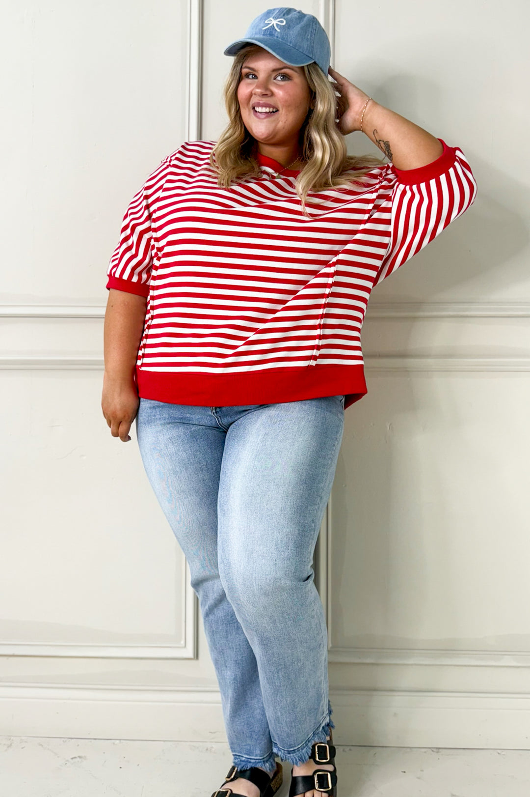 Striped 3/4 Sleeve Pullover Curvy Top