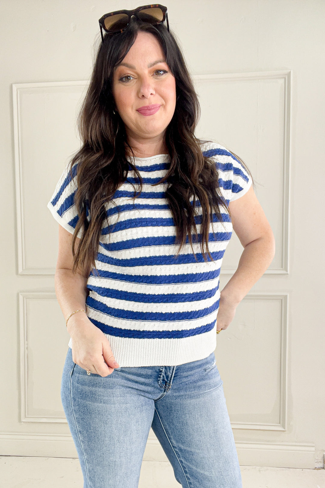 Cable Knit Short Sleeve Stripe Sweater Top