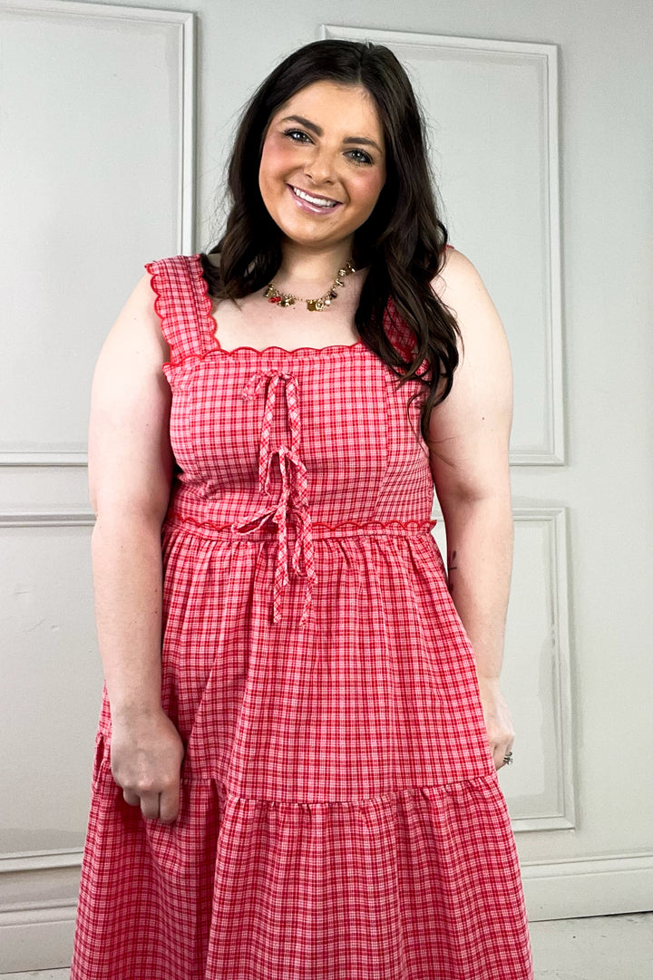 Gingham Tiered Scalloped Detail Midi Dress