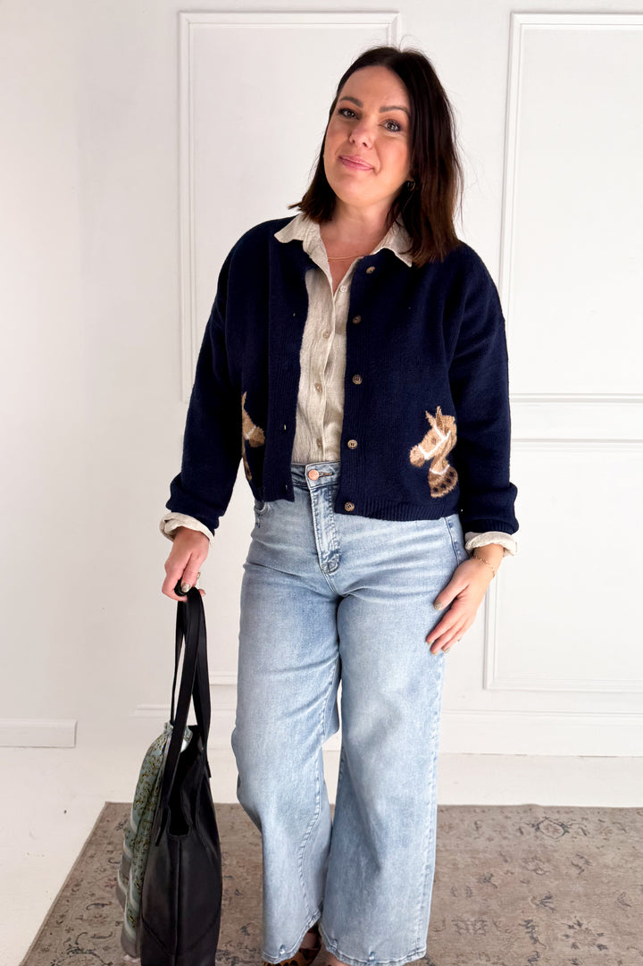 Horse Jacquard Long Sleeve Button Down Cardigan