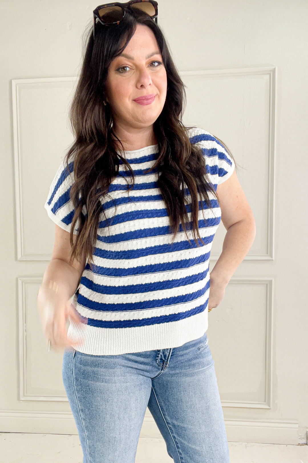 Cable Knit Short Sleeve Stripe Sweater Top