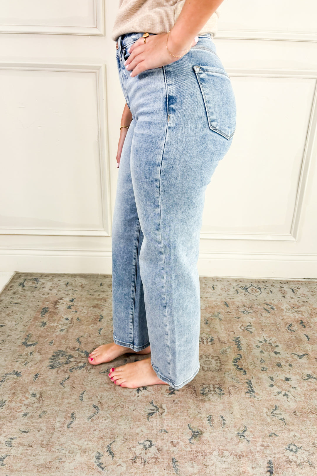 Risen Tummy Control High Rise Crop Wide Jeans