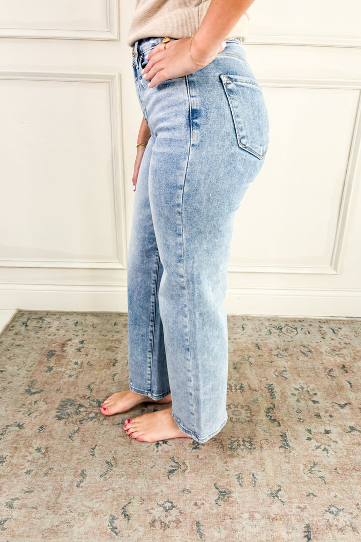 Risen Tummy Control High Rise Crop Wide Jeans
