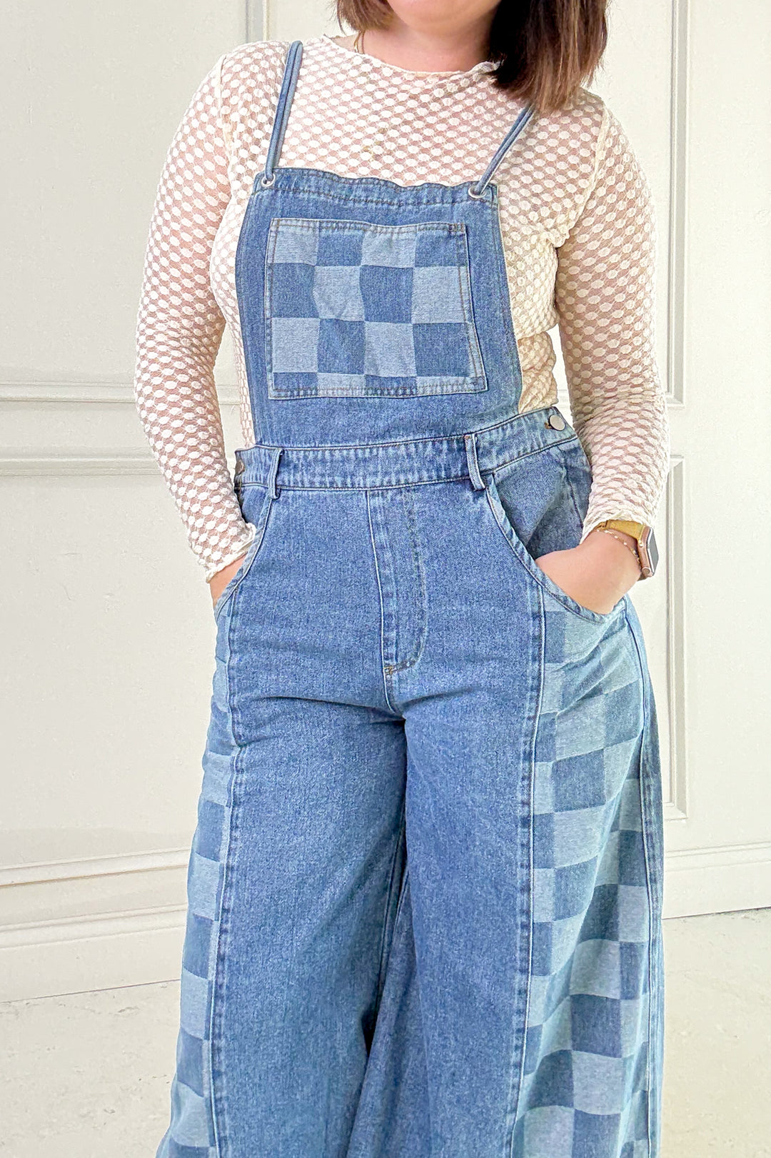 Checker Mix Denim Wide Leg Overall Jumpsuit