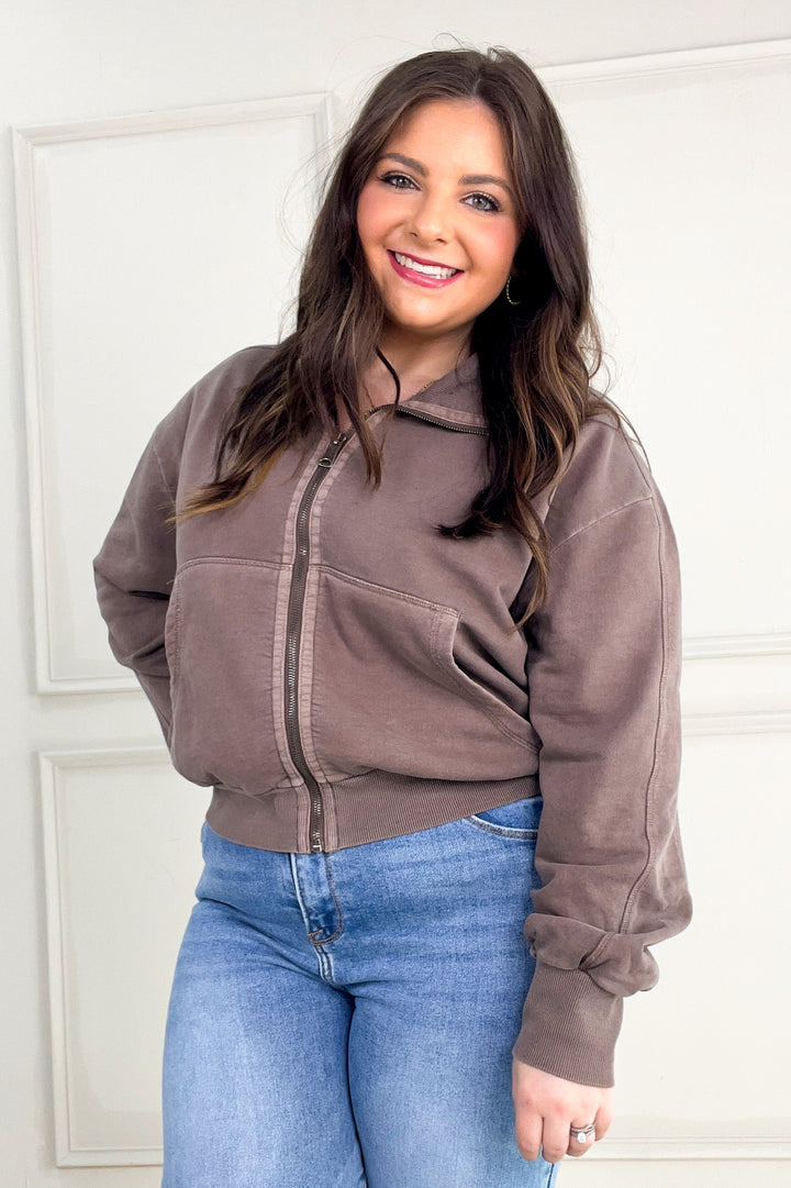 Acid Wash High Collar Zip Up Sweatshirt