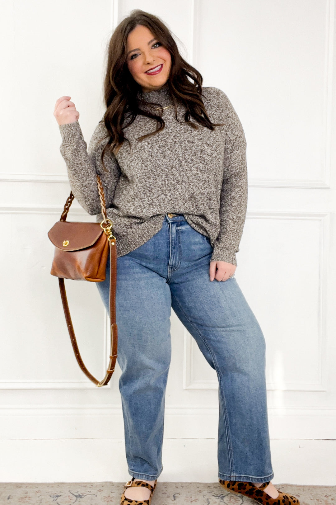 Mock Neck Long Sleeve Marled Boxy Pullover Sweater