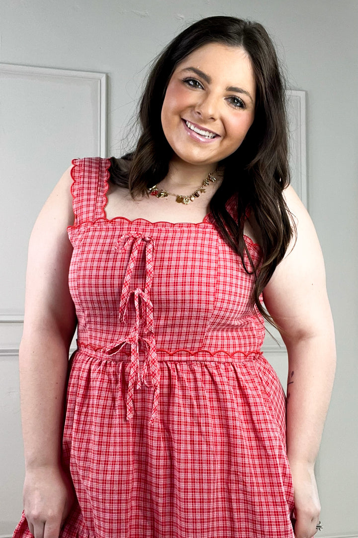 Gingham Tiered Scalloped Detail Midi Dress