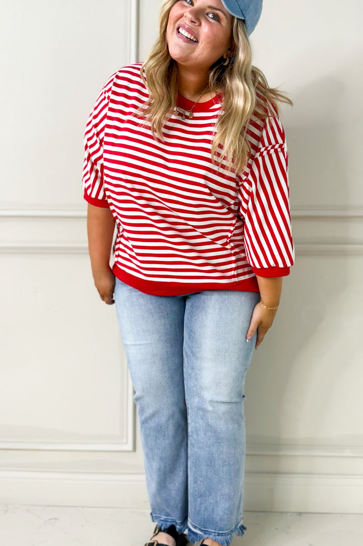 Striped 3/4 Sleeve Pullover Curvy Top