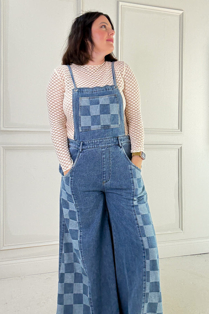 Checker Mix Denim Wide Leg Overall Jumpsuit