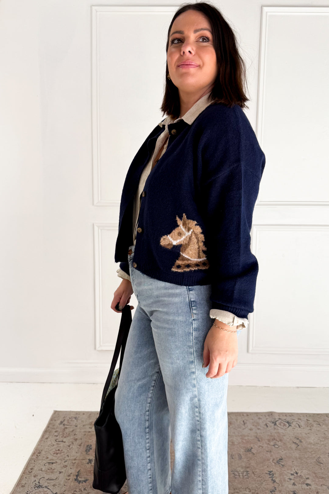 Horse Jacquard Long Sleeve Button Down Cardigan