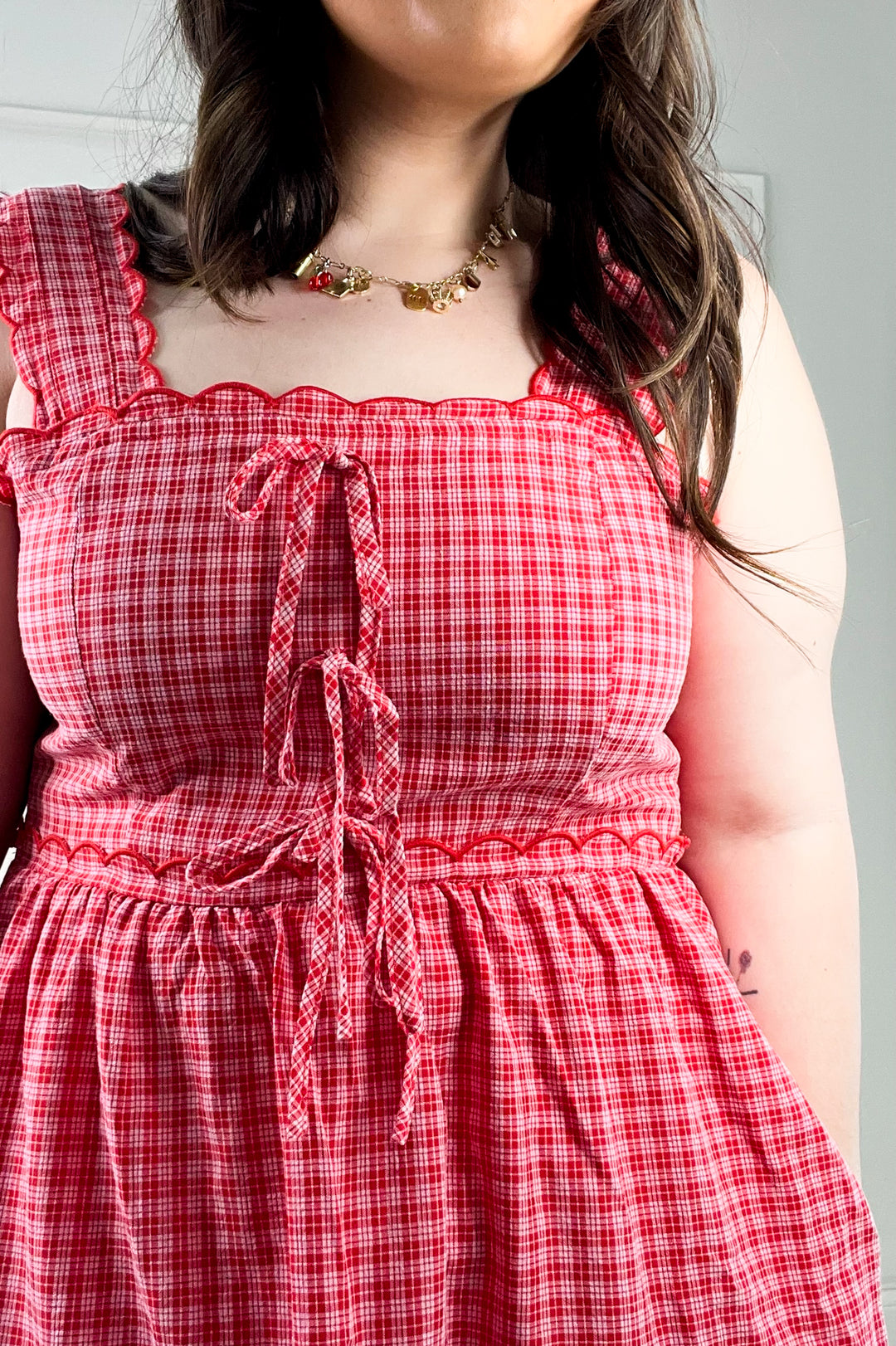 Gingham Tiered Scalloped Detail Midi Dress