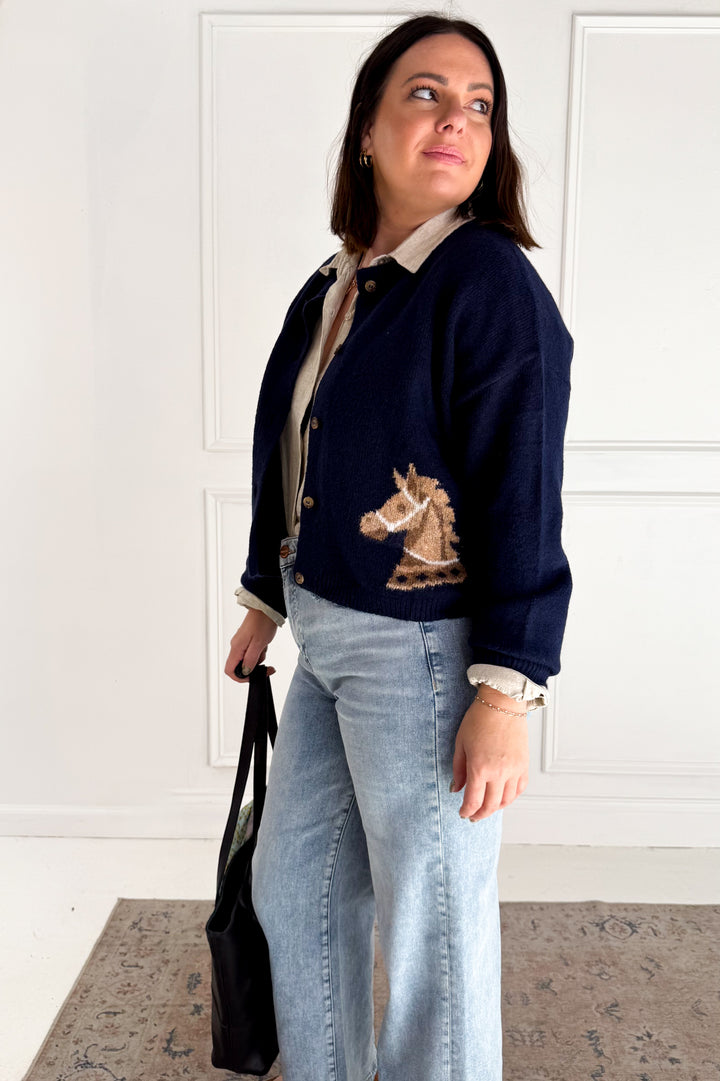 Horse Jacquard Long Sleeve Button Down Cardigan