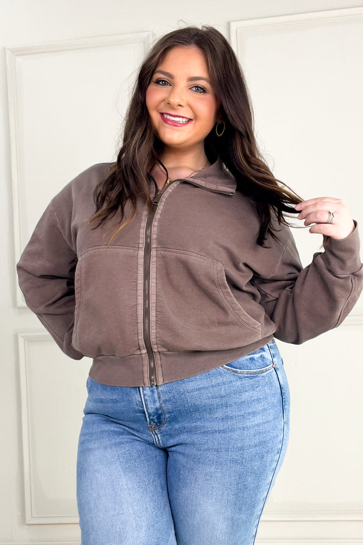 Acid Wash High Collar Zip Up Sweatshirt