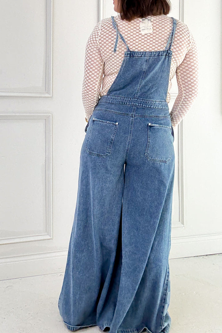 Checker Mix Denim Wide Leg Overall Jumpsuit