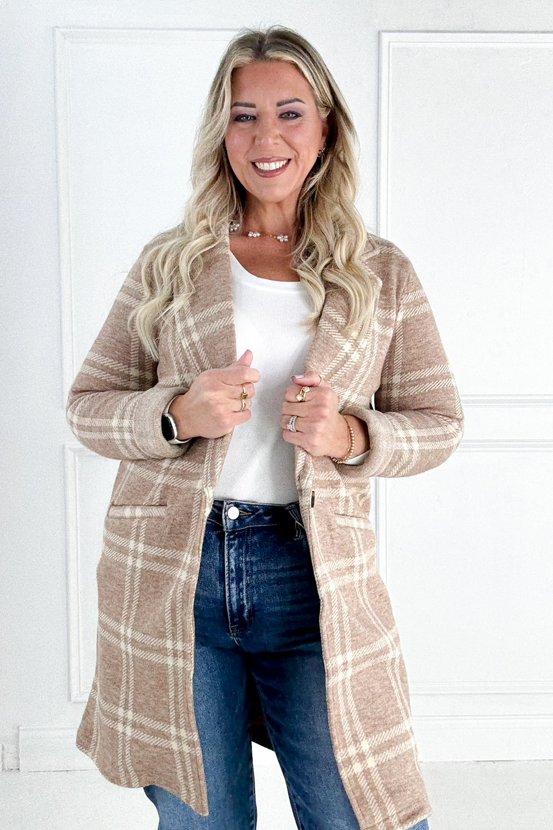 Kenzie Lapel Plaid Longline Coat