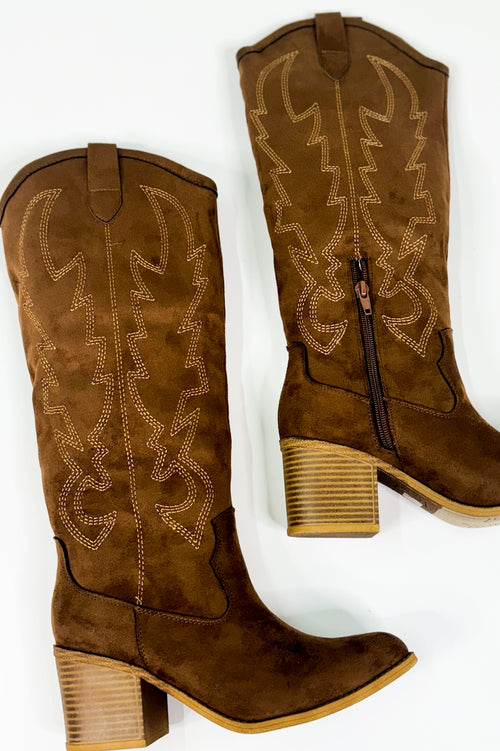 Western Stitch Suede Knee-High Cowboy Boots