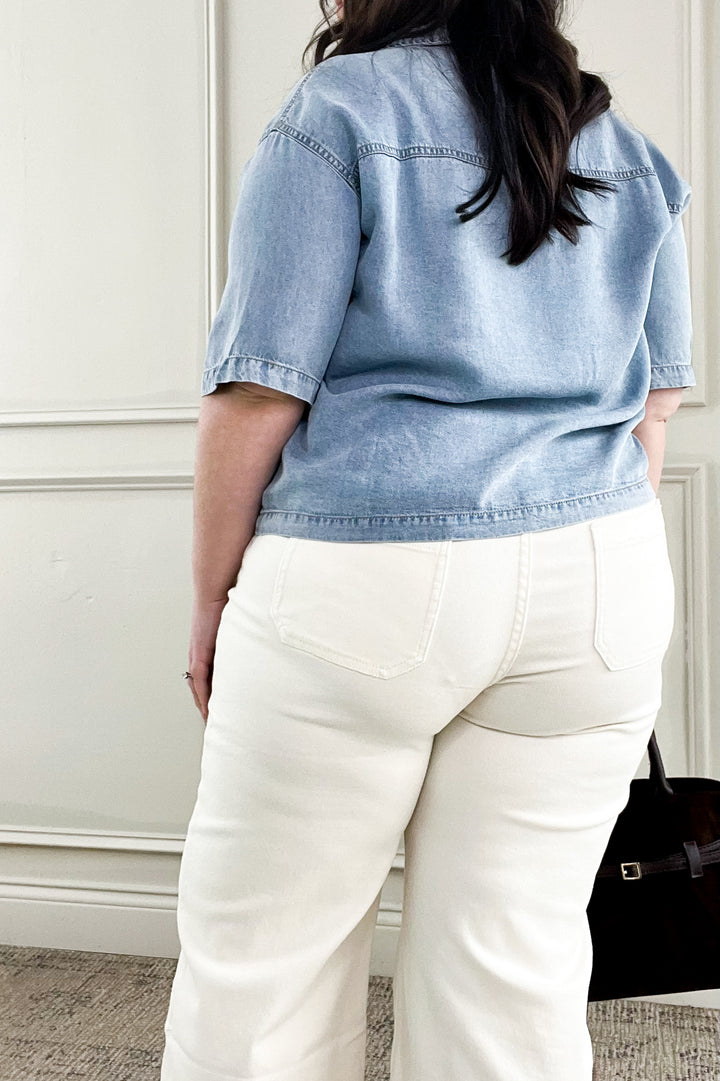 Loose Button Down Short Sleeve Denim Top
