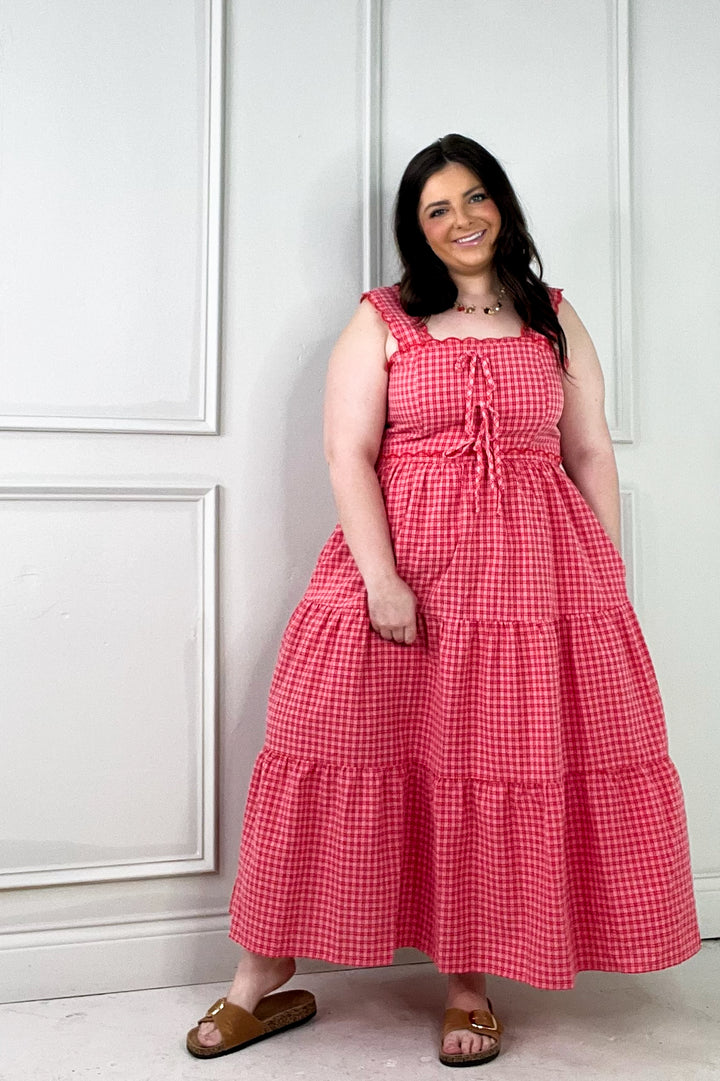 Gingham Tiered Scalloped Detail Midi Dress