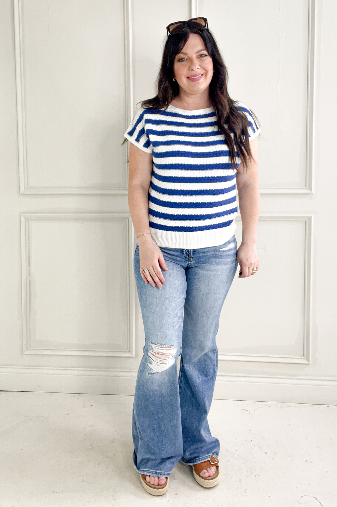 Cable Knit Short Sleeve Stripe Sweater Top