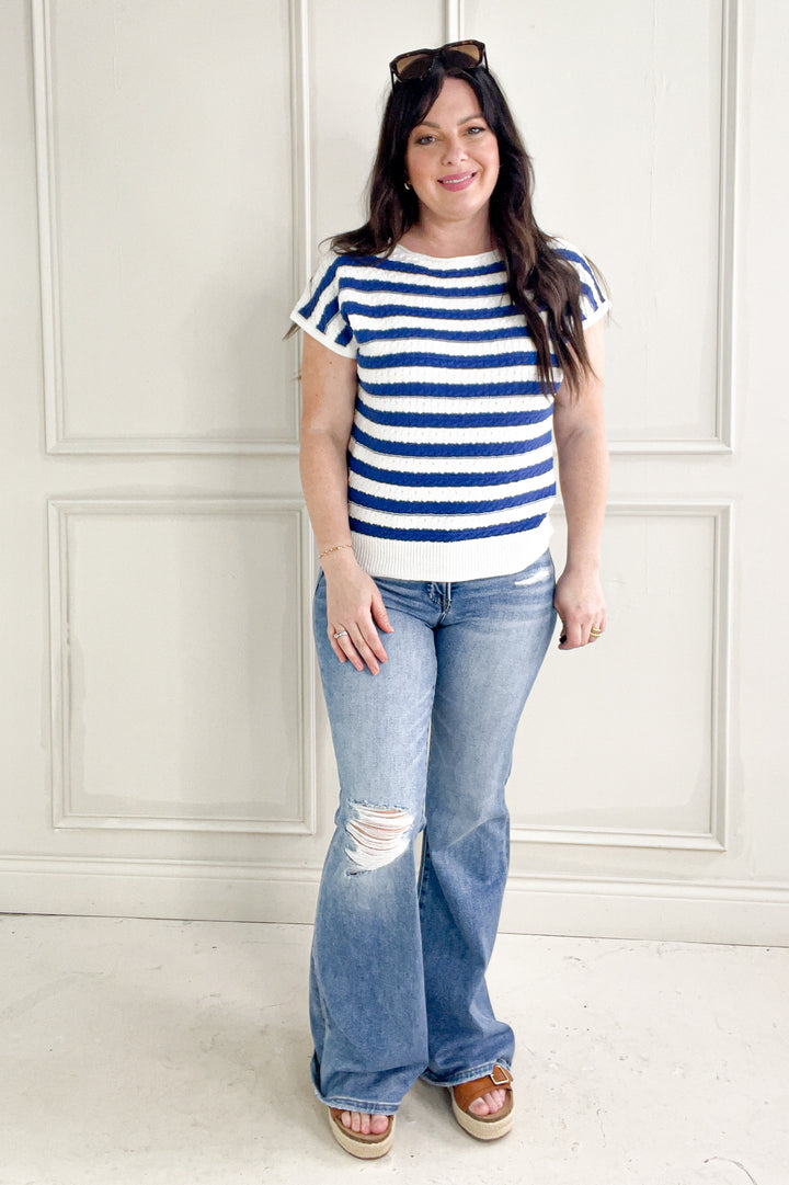 Cable Knit Short Sleeve Stripe Sweater Top