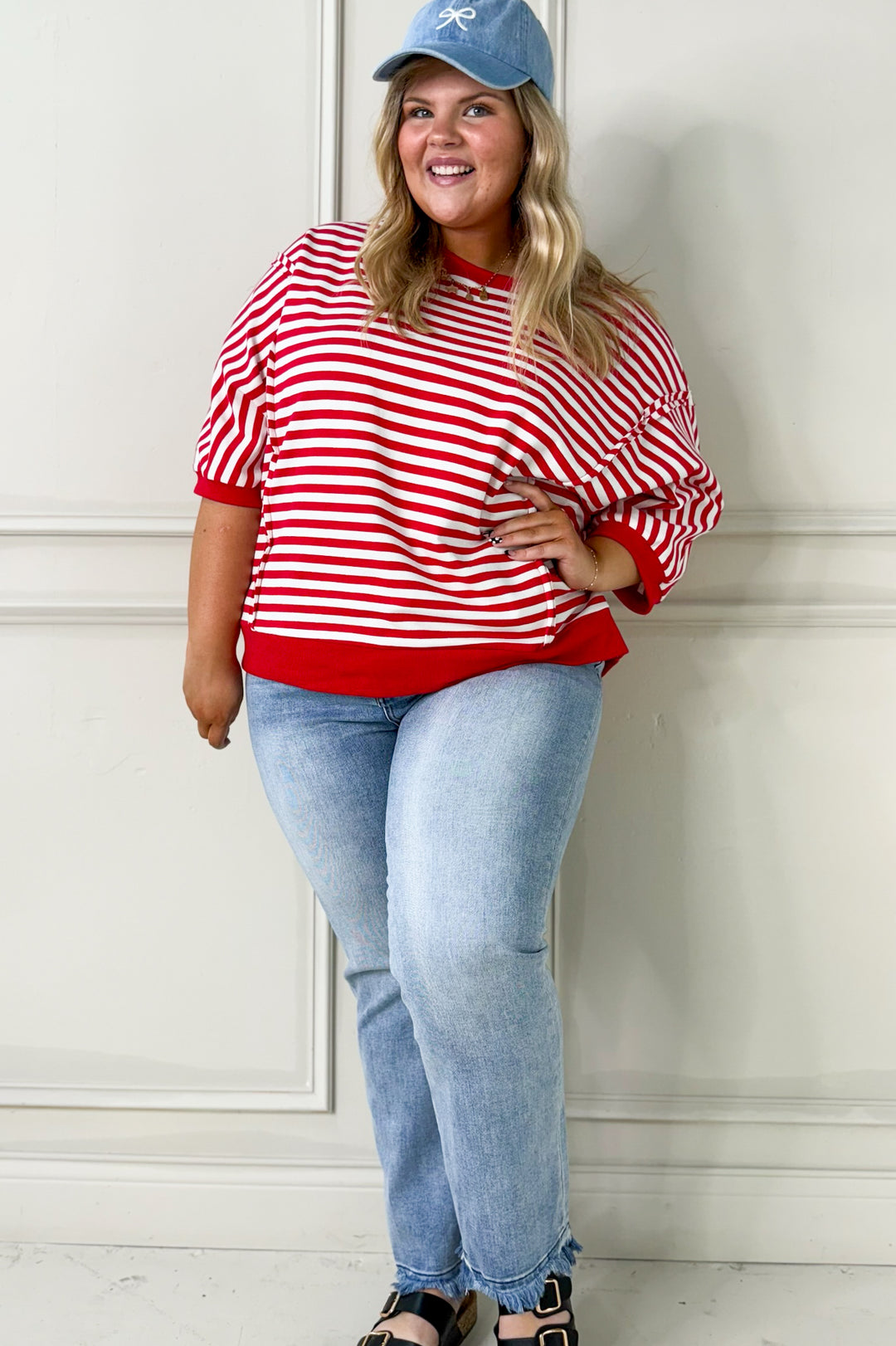 Striped 3/4 Sleeve Pullover Curvy Top