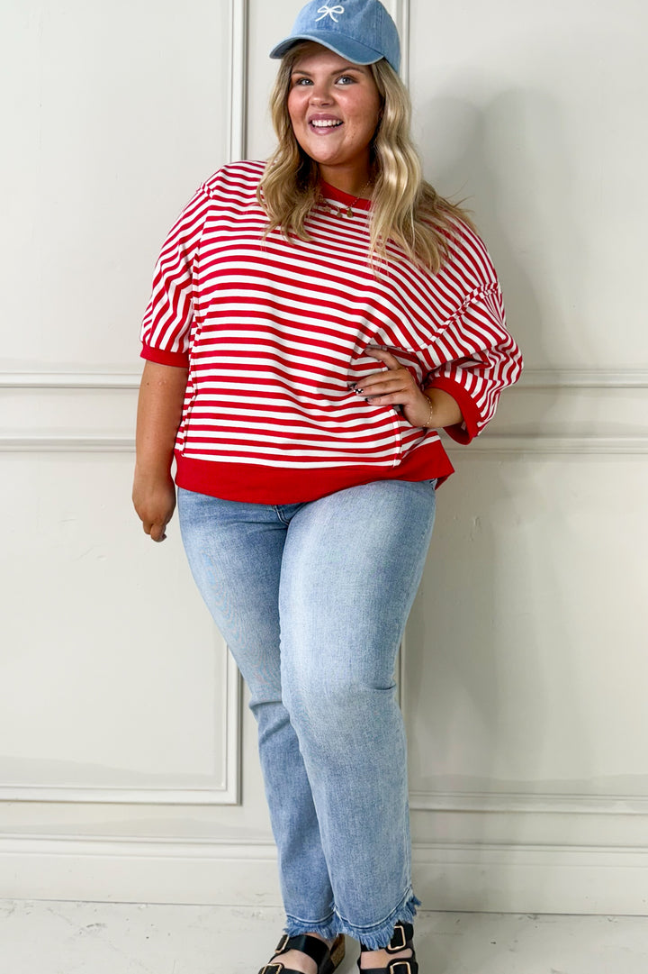 Striped 3/4 Sleeve Pullover Curvy Top