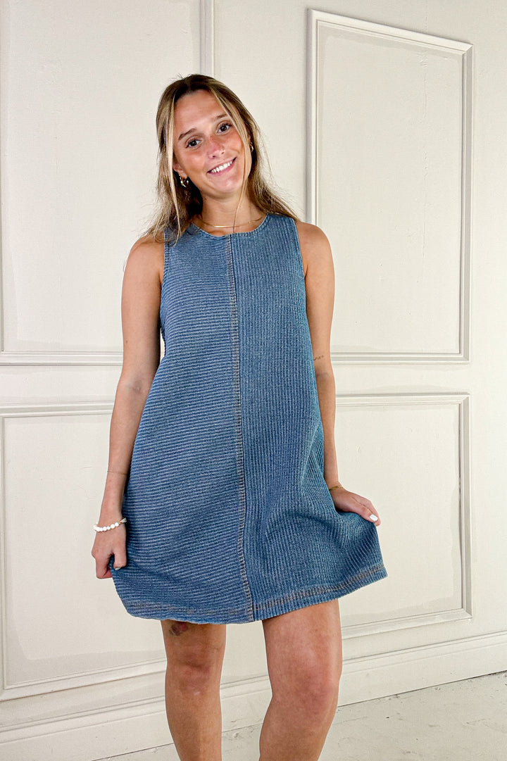 Front Seam Textured Denim Sleeveless Mini Dress