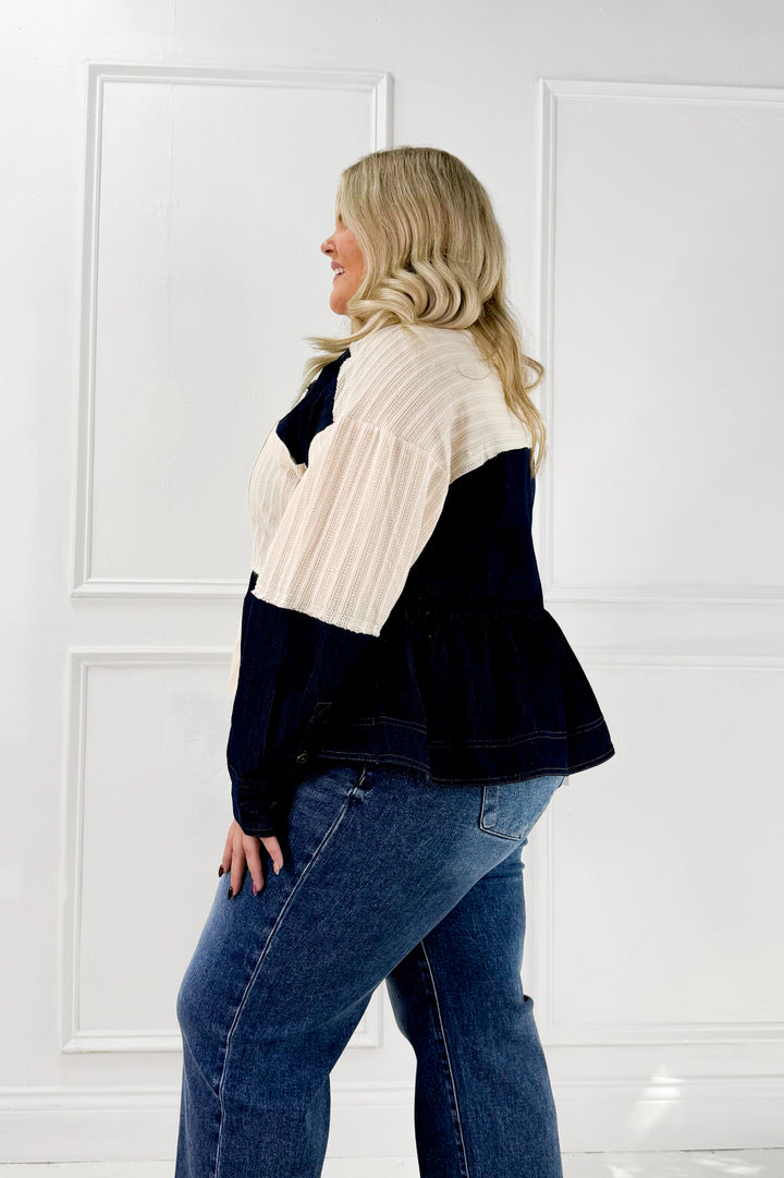 Denim Patchwork Button Down Waffle Knit Curvy Top