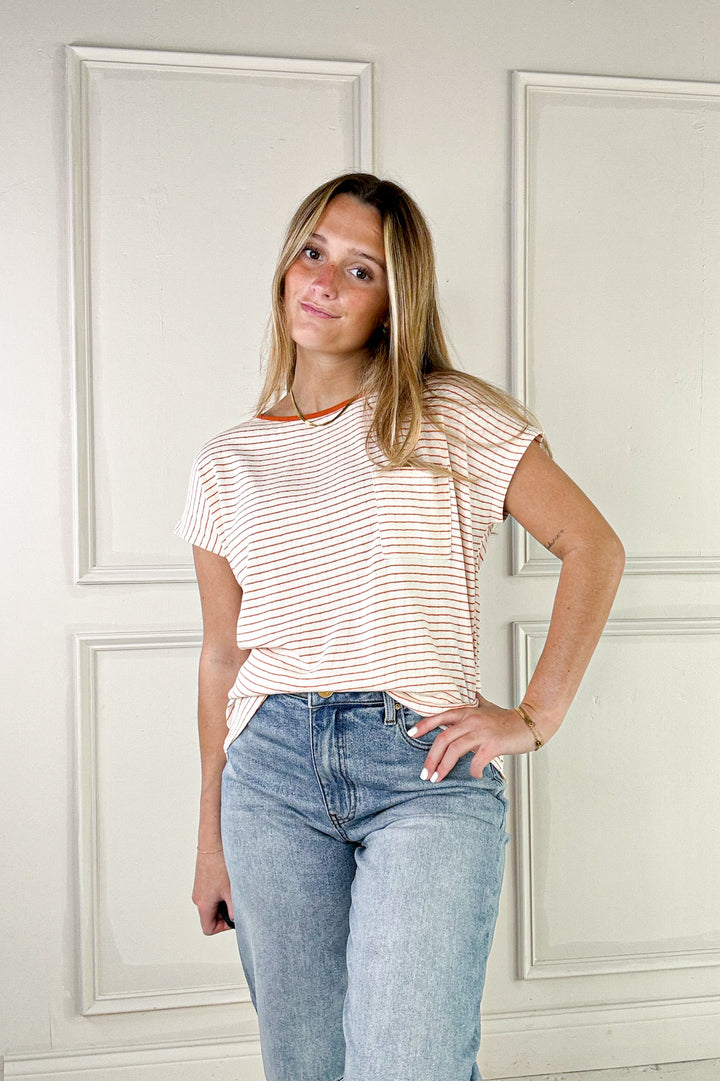 Pointelle Striped Short Sleeve Top