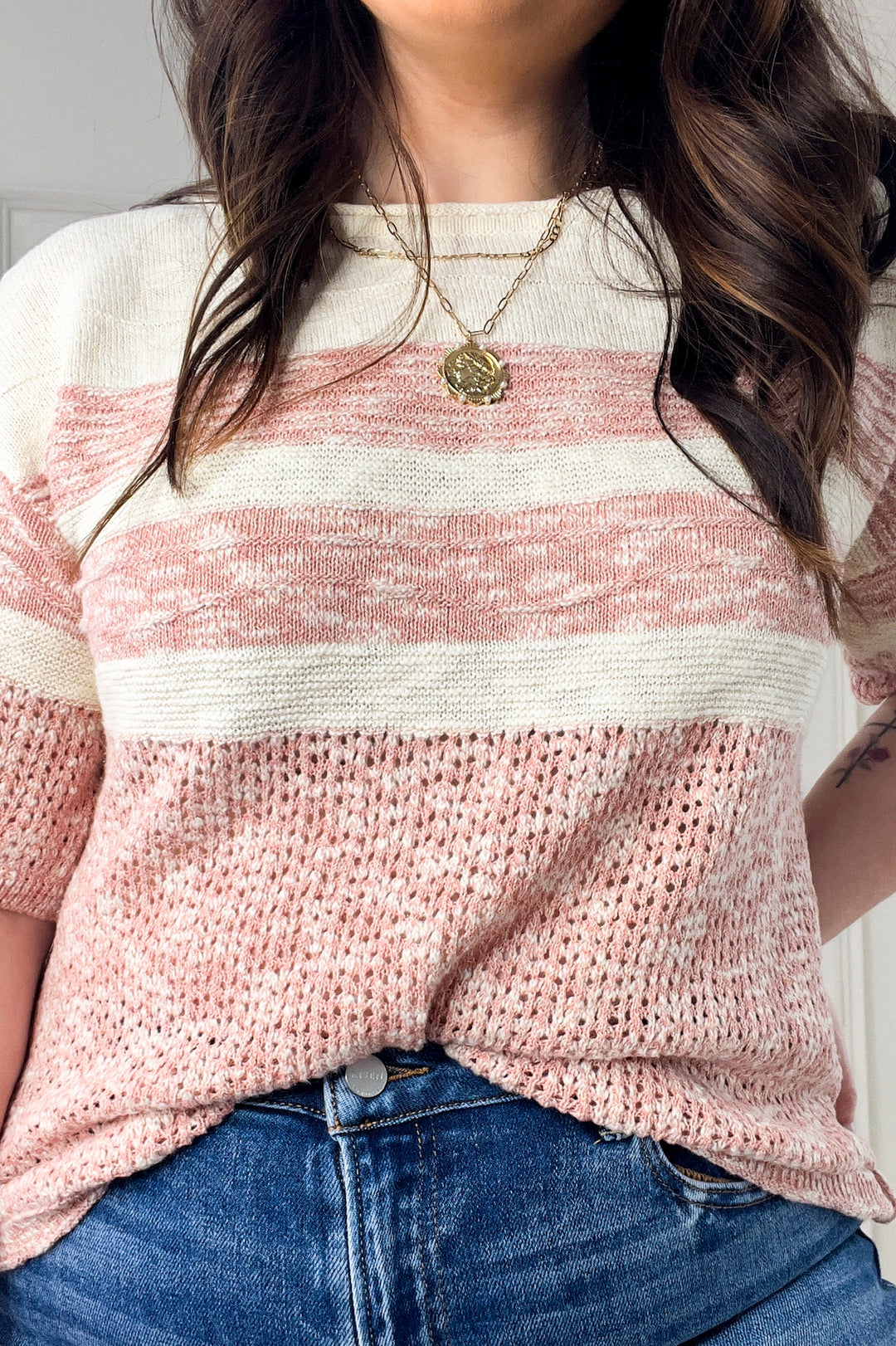 Stripe Color Block Textured Half Sleeve Sweater