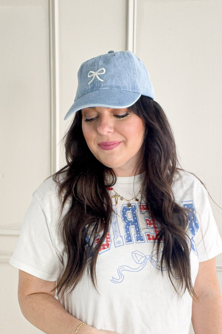 Embroidered Bow Denim Ball Cap
