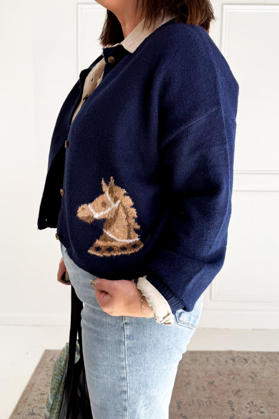 Horse Jacquard Long Sleeve Button Down Cardigan