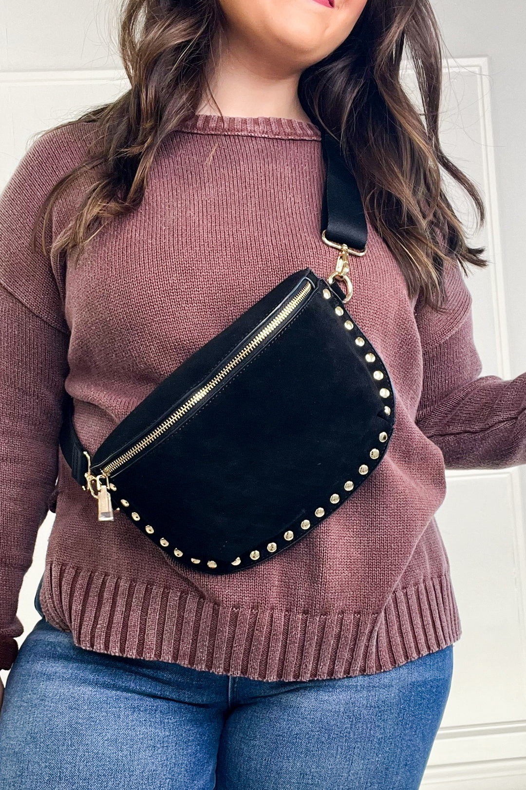Suede Studded Crossbody Sling Bag