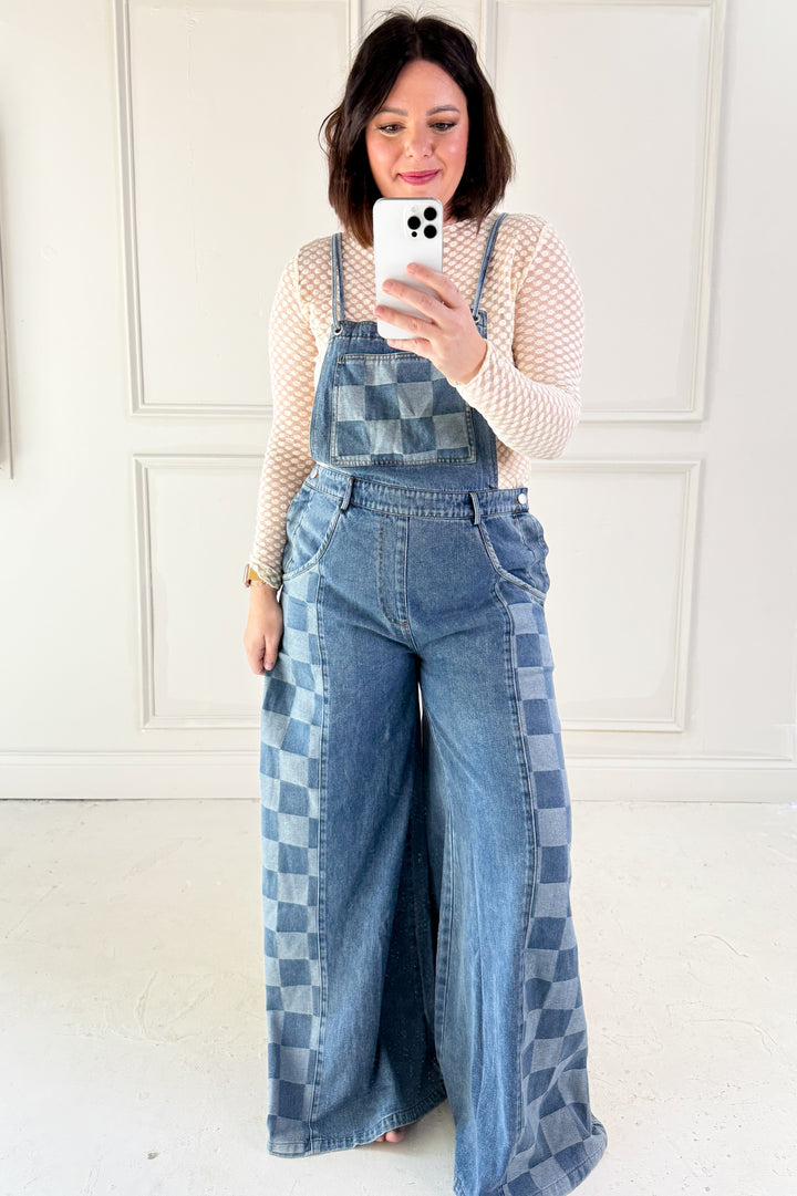 Checker Mix Denim Wide Leg Overall Jumpsuit