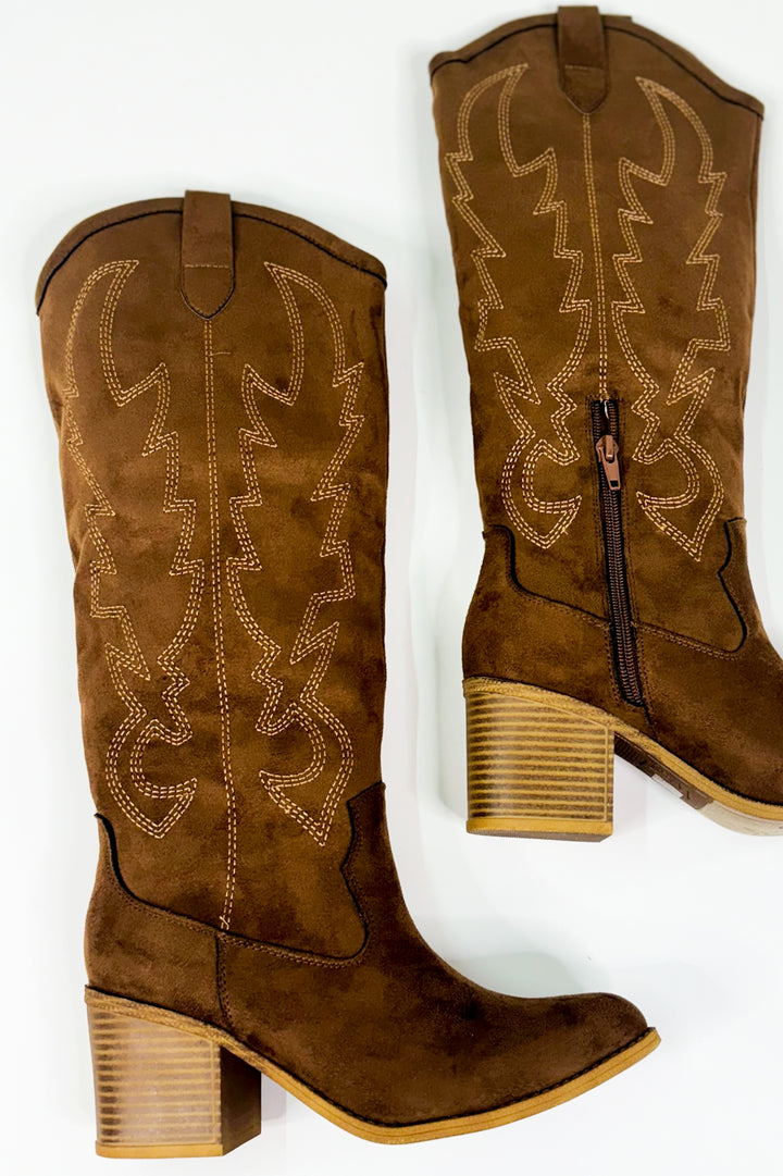Western Stitch Suede Knee-High Cowboy Boots