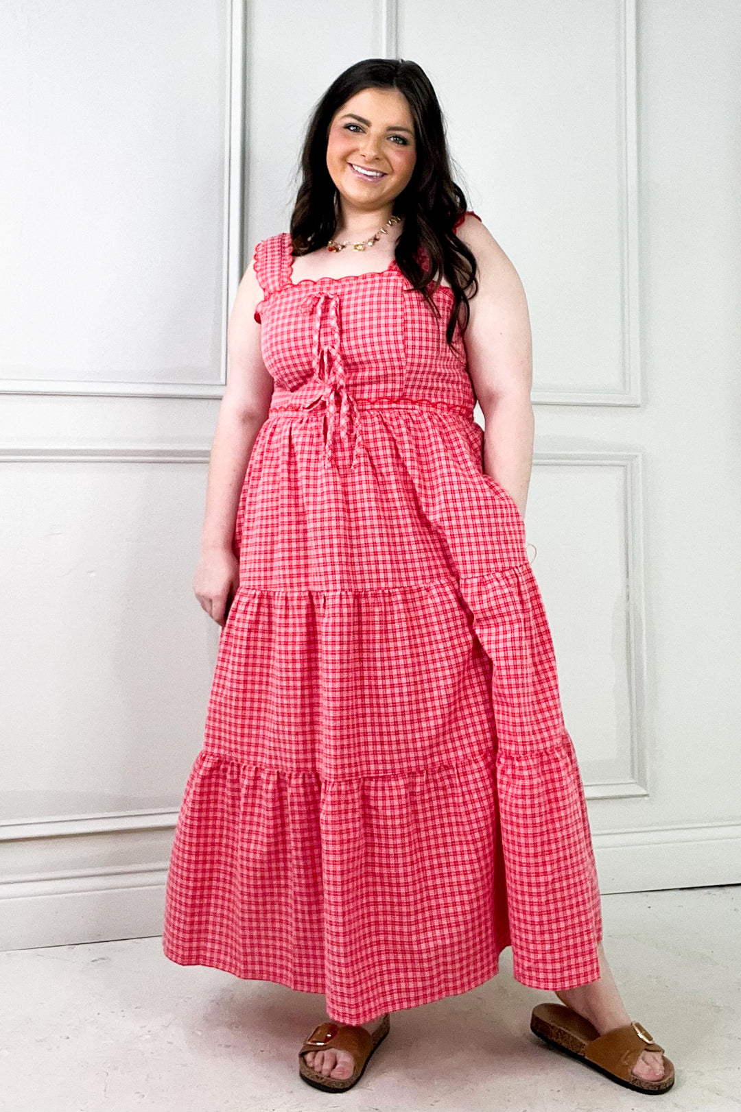 Gingham Tiered Scalloped Detail Midi Dress