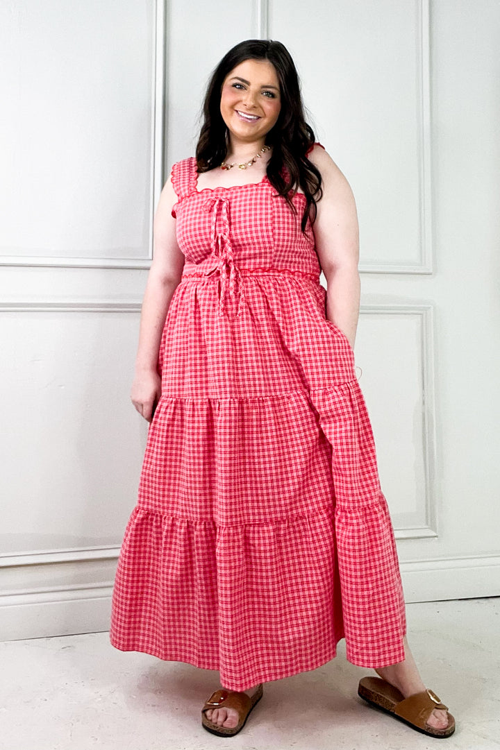 Gingham Tiered Scalloped Detail Midi Dress