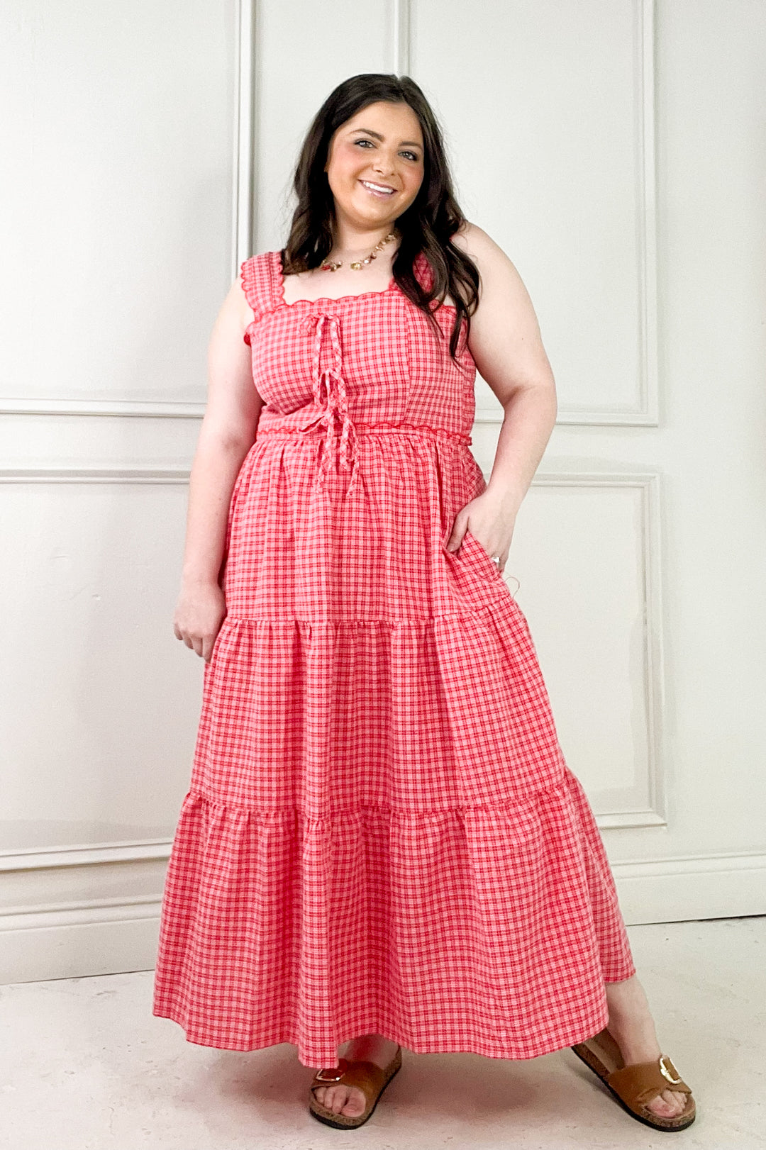 Gingham Tiered Scalloped Detail Midi Dress