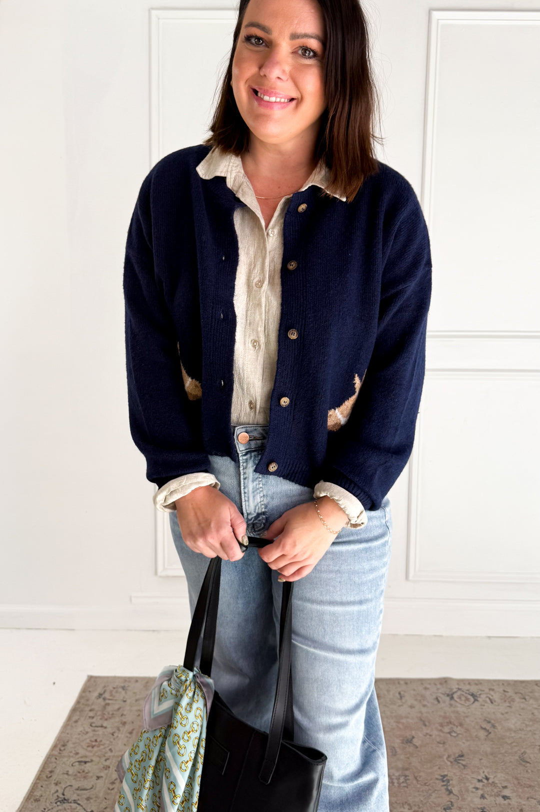 Horse Jacquard Long Sleeve Button Down Cardigan