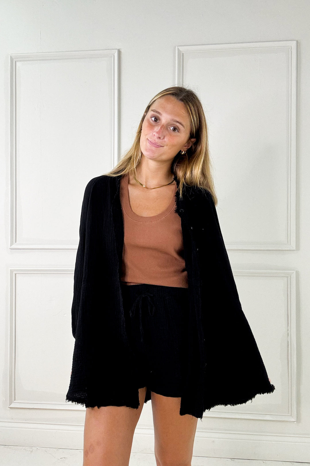 Raw Edge Oversized Button Down Pocket Top