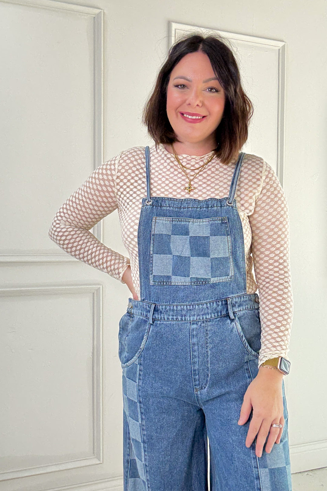 Checker Mix Denim Wide Leg Overall Jumpsuit