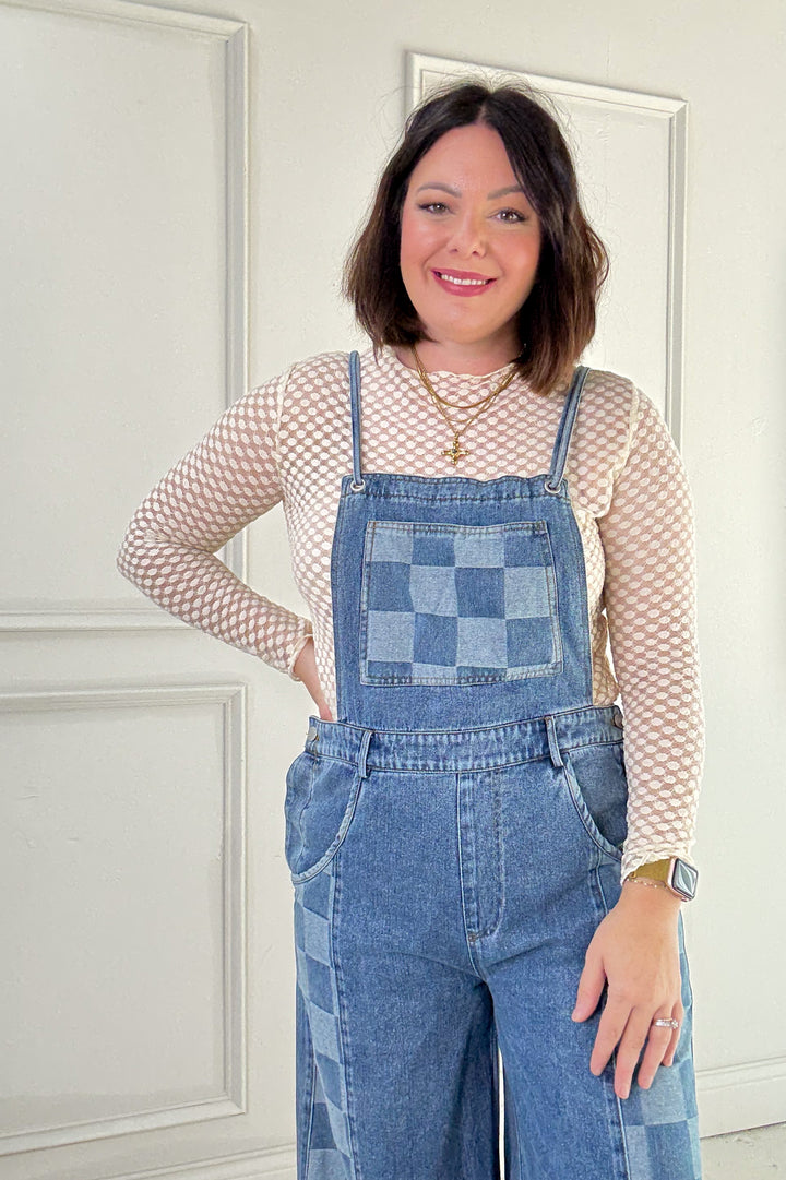 Checker Mix Denim Wide Leg Overall Jumpsuit