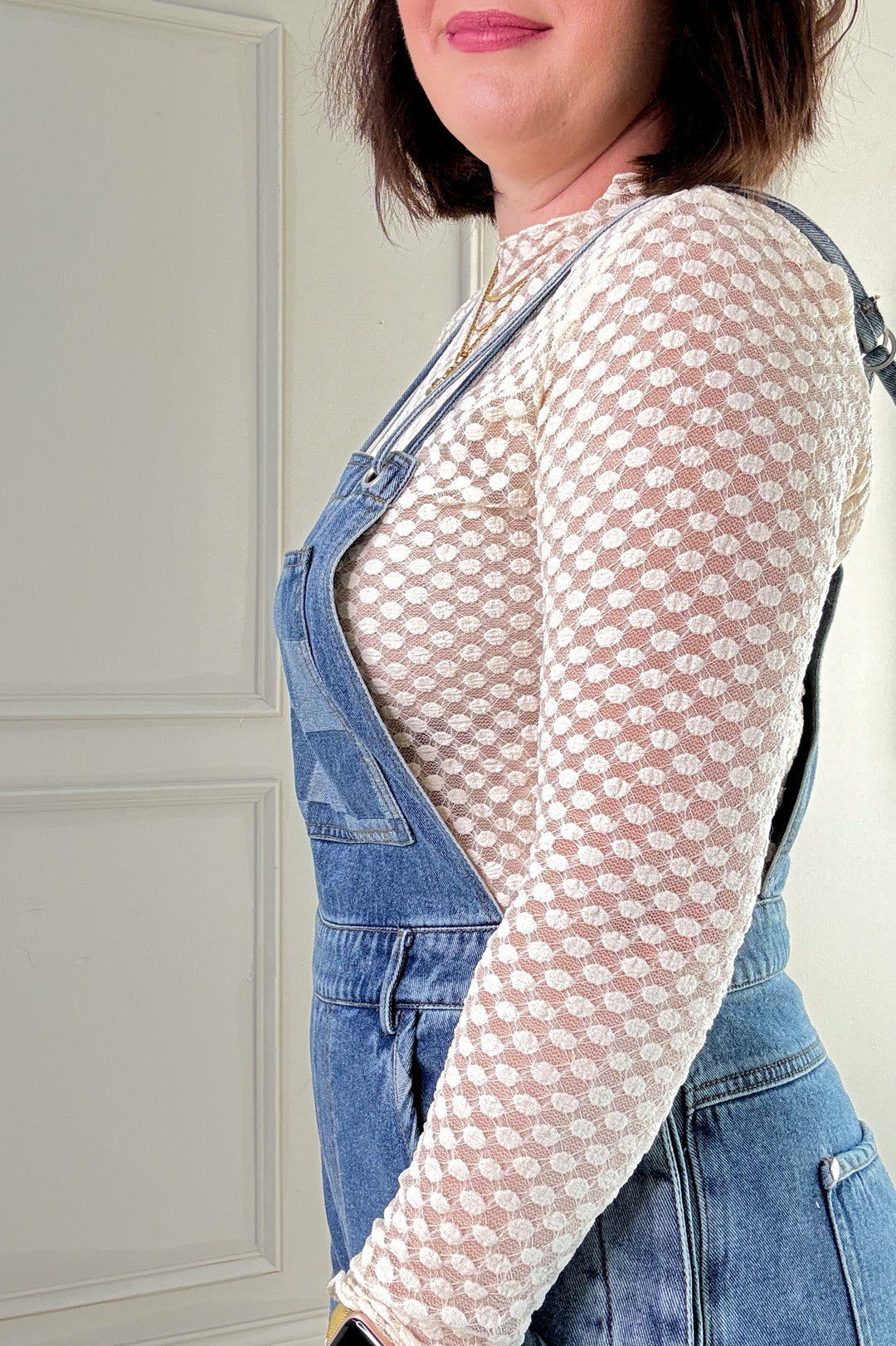 Checker Mix Denim Wide Leg Overall Jumpsuit