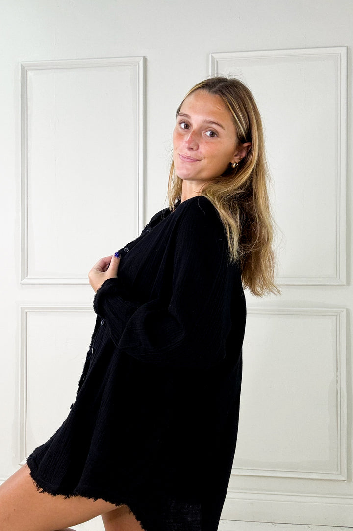 Raw Edge Oversized Button Down Pocket Top