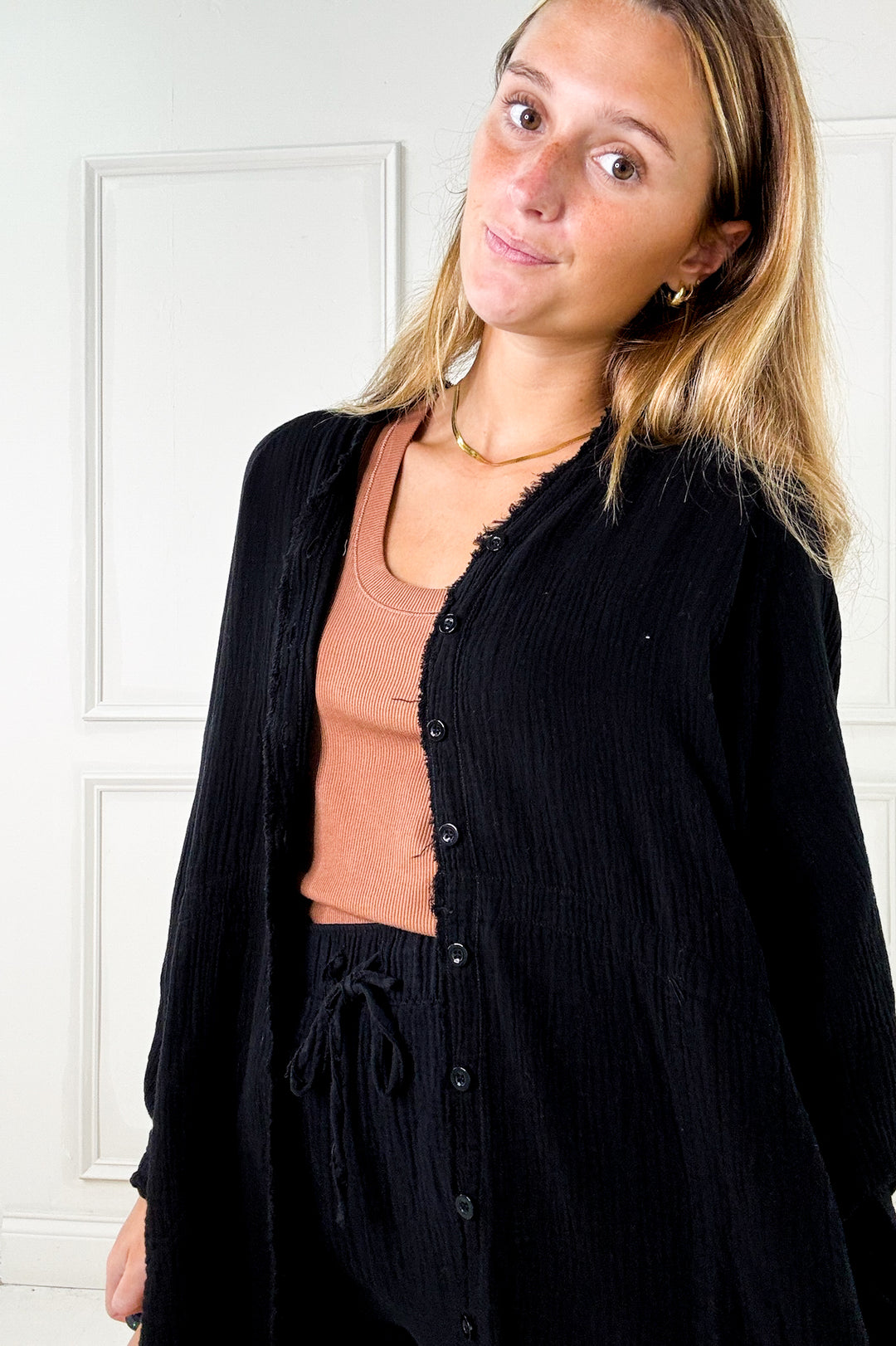 Raw Edge Oversized Button Down Pocket Top