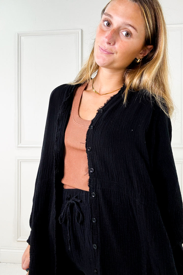 Raw Edge Oversized Button Down Pocket Top