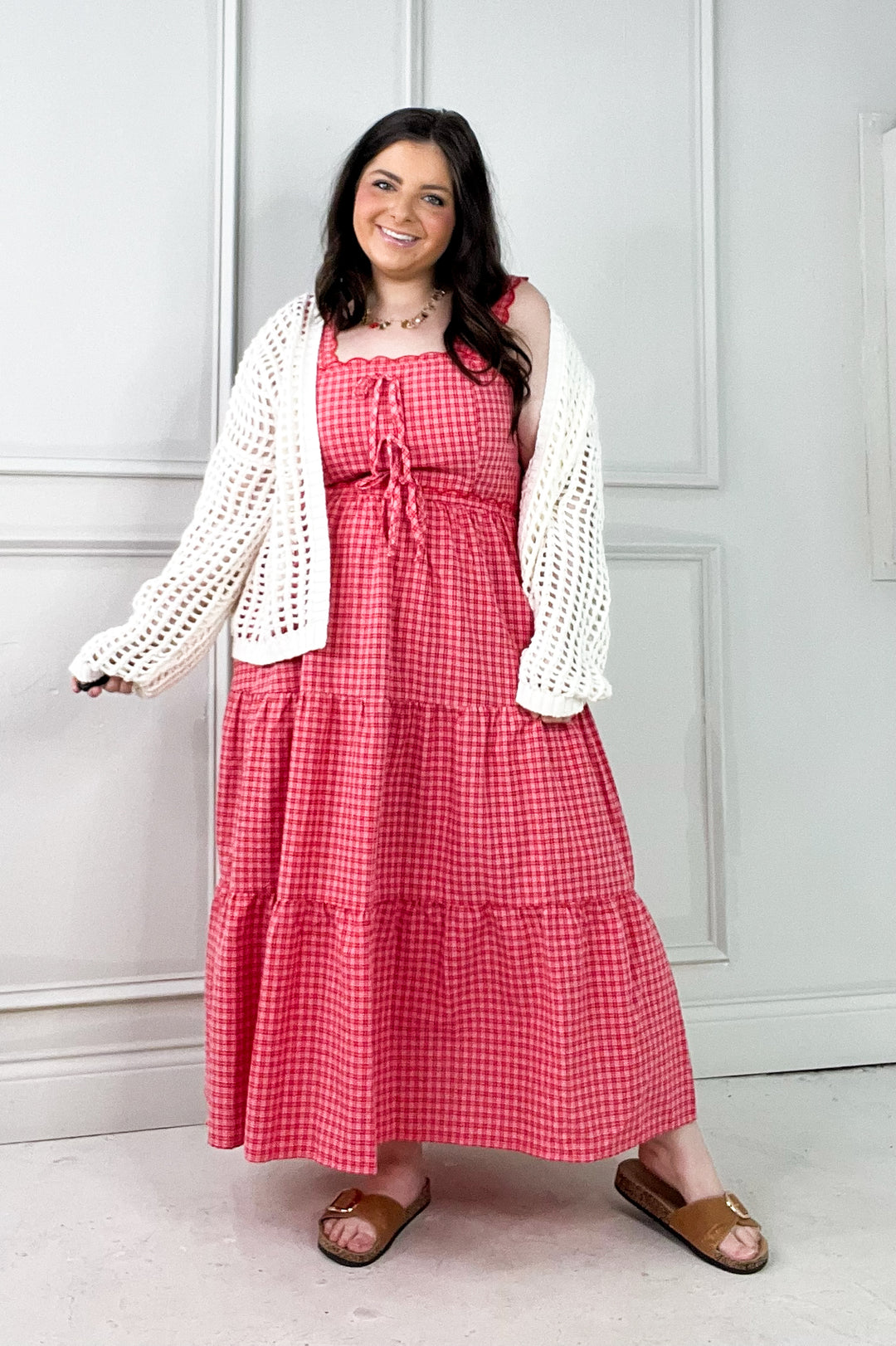 Gingham Tiered Scalloped Detail Midi Dress